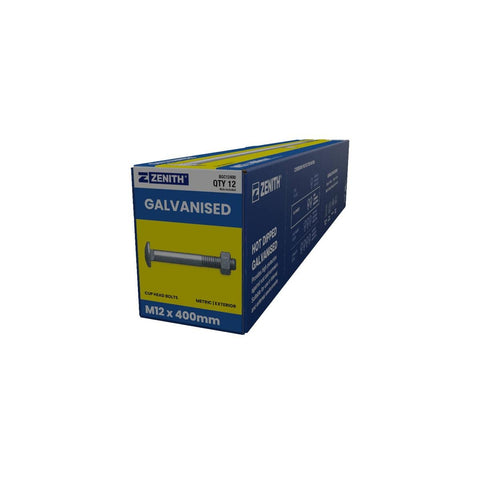 Zenith Hot Dip Galvanised M12 x 400mm Cup Head Bolts Nuts 12 Pack - SuperSaverAU - view 1