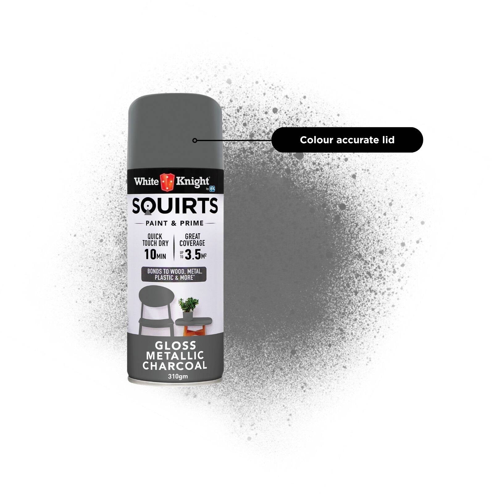 White Knight Squirts Metallic Charcoal Gloss Spray Paint 310g - Solvent-Based, UV Resistant