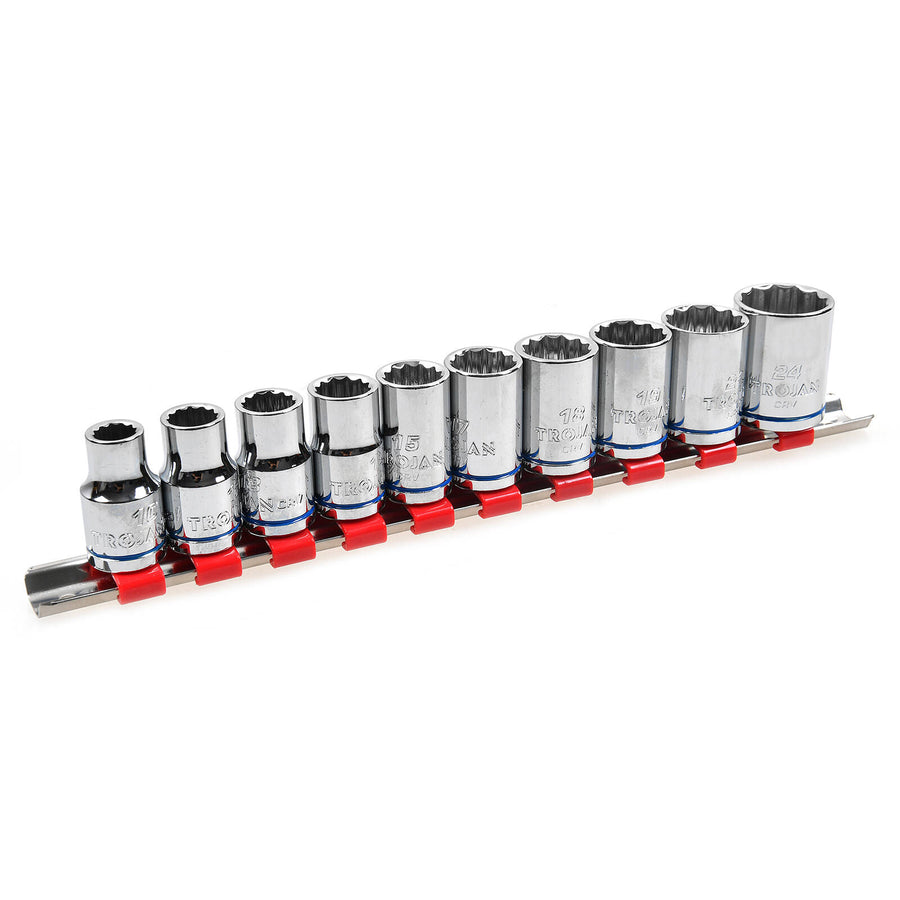 Trojan 10 Piece 1/2" Drive Metric Socket Rail Set, Chrome Vanadium 12 Point