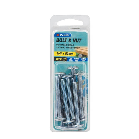 Zenith Mushroom Head Bolt & Nut - 1/4 x 50mm - Zinc Plated - 10 Pack - SuperSaverAU - view 1