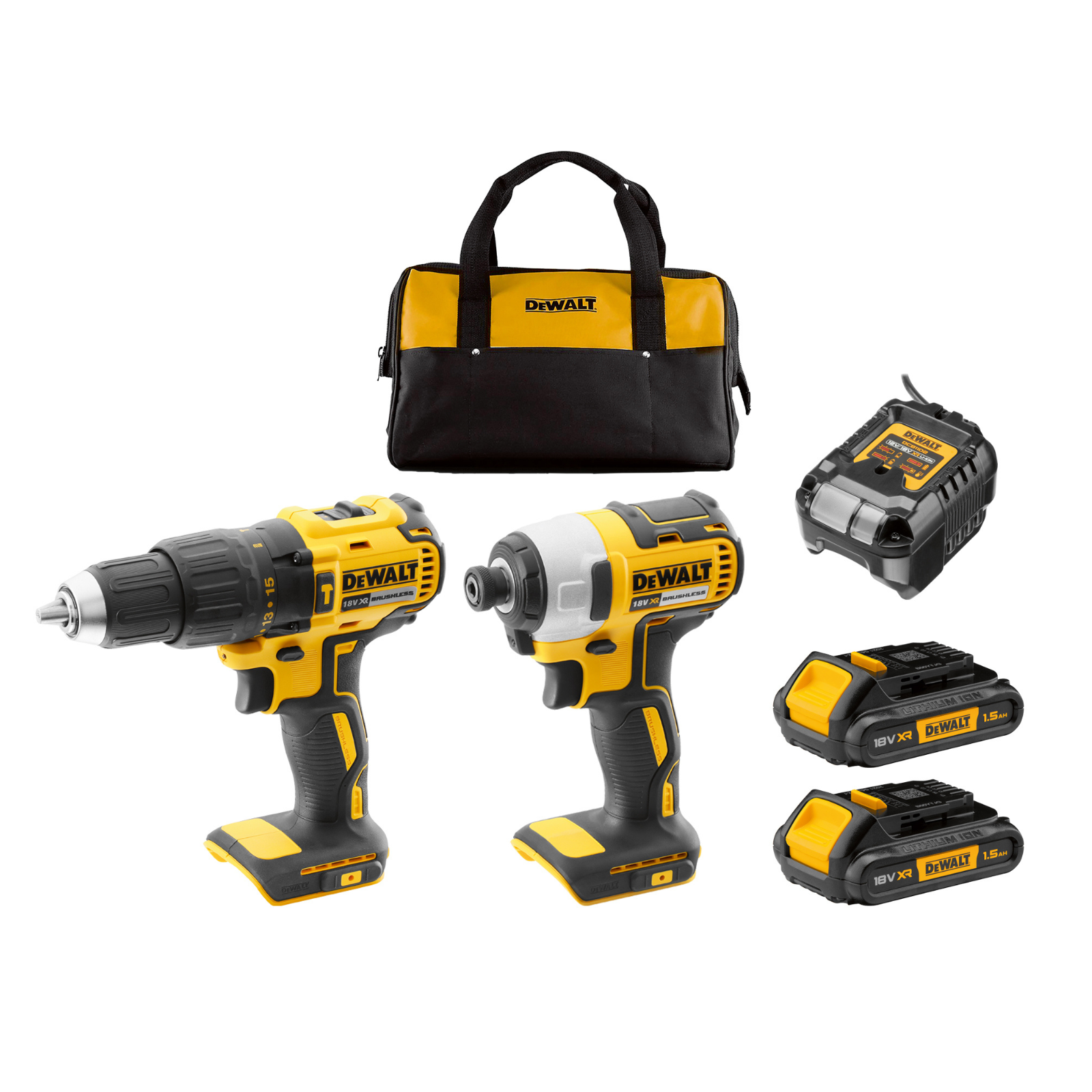 DeWALT 18V Brushless 2 Piece Combo Kit - Hammer Drill & Impact Driver, 2 x 1.5Ah & Charger DCK2060S2-XE
