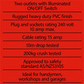 DETA 20m Red Extra Heavy Duty Dual Socket Extension Lead - 10A 240V Switched DRX20