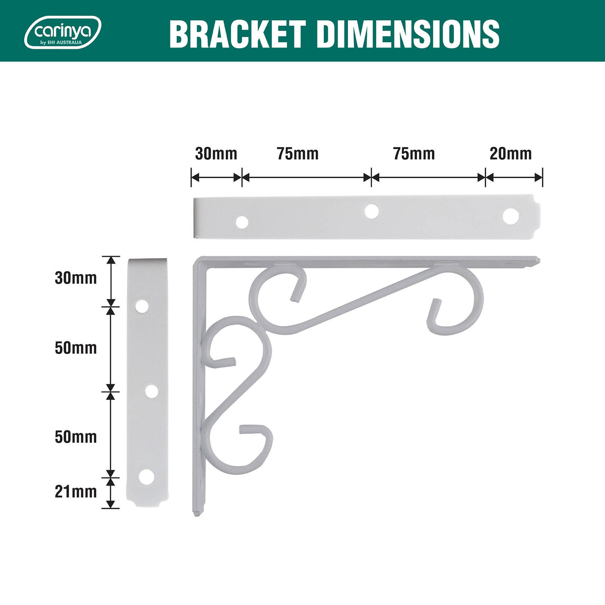 Carinya 200 x 150mm White Powder Coated Steel Heavy Duty Scroll Stay Bracket, 200kg