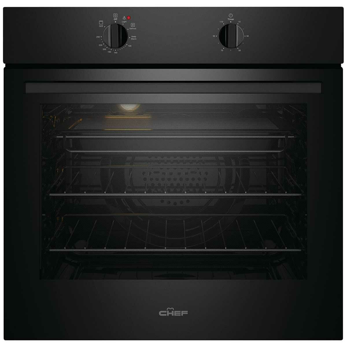 Chef 60cm Electric Fan Forced Built-In Oven - 80L, 3 Functions, 10A Plug and Play, Black - CVE612DB