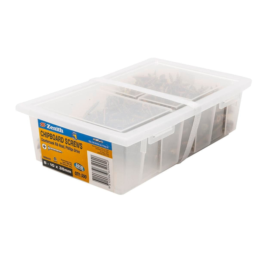 Zenith 8g x 35mm Gold Passivated Countersunk Rib Head Chipboard Screw - 500 Pack - Maximum Grip - Flush Finish - SuperSaverAU - view 1