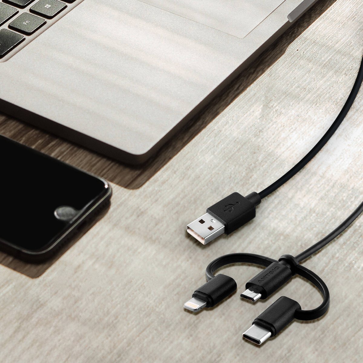 Antsig 1m 3 in 1 USB Cable - Versatile Charging - USB-A, Micro-USB, Lightning, USB-C - SuperSaverAU - view 4
