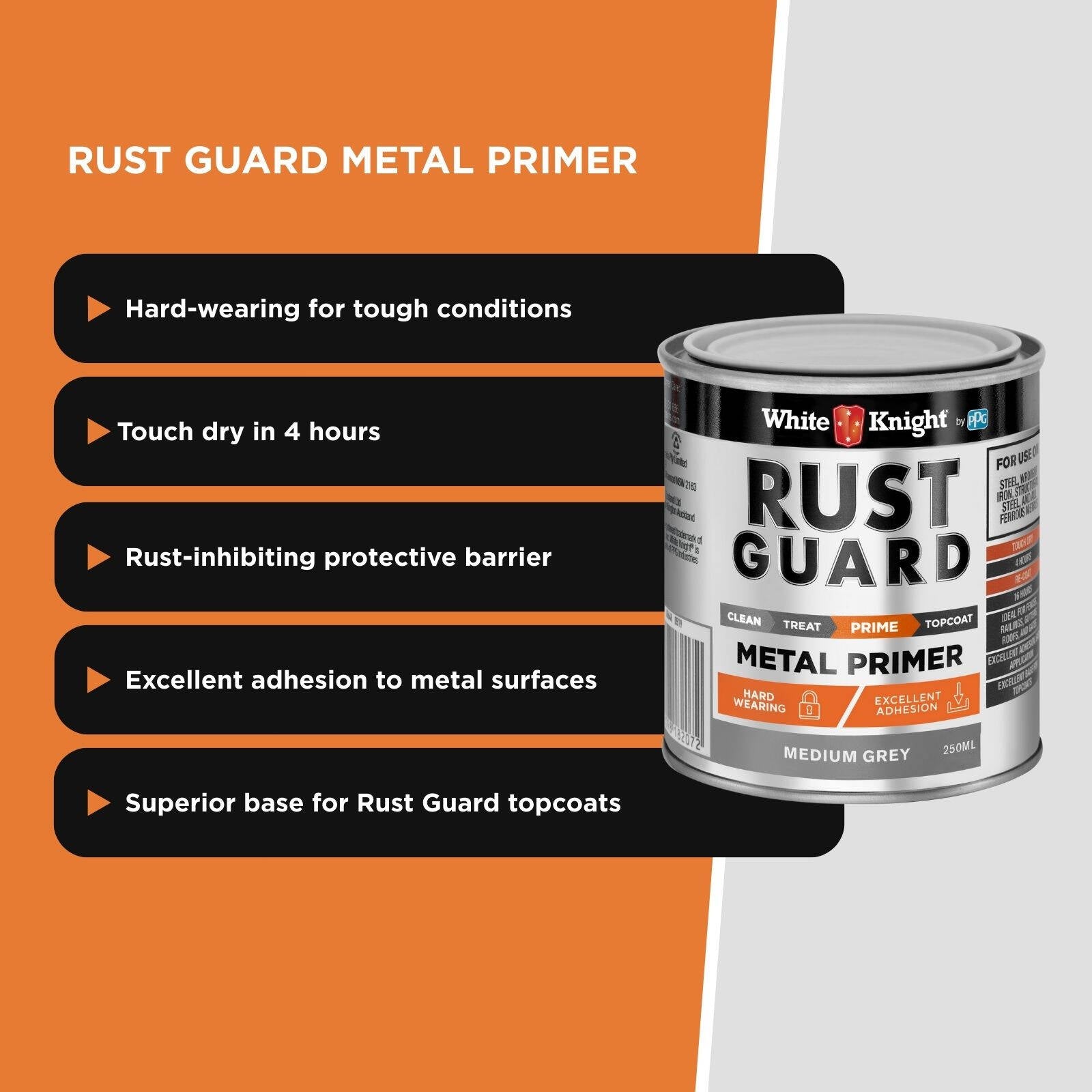 White Knight Rust Guard Medium Grey Metal Primer Paint 250ml Solvent-Based Outdoor