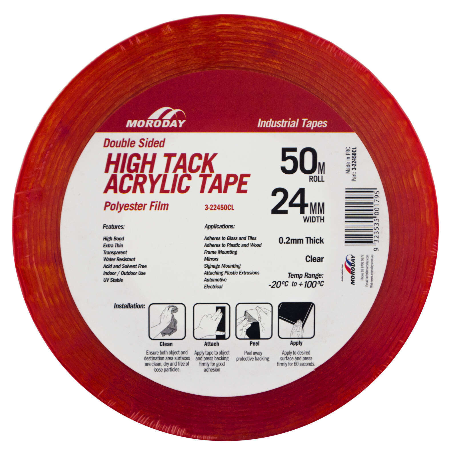 Moroday 24mm x 50m Clear Double Sided Hi-Tack Polyester Tape