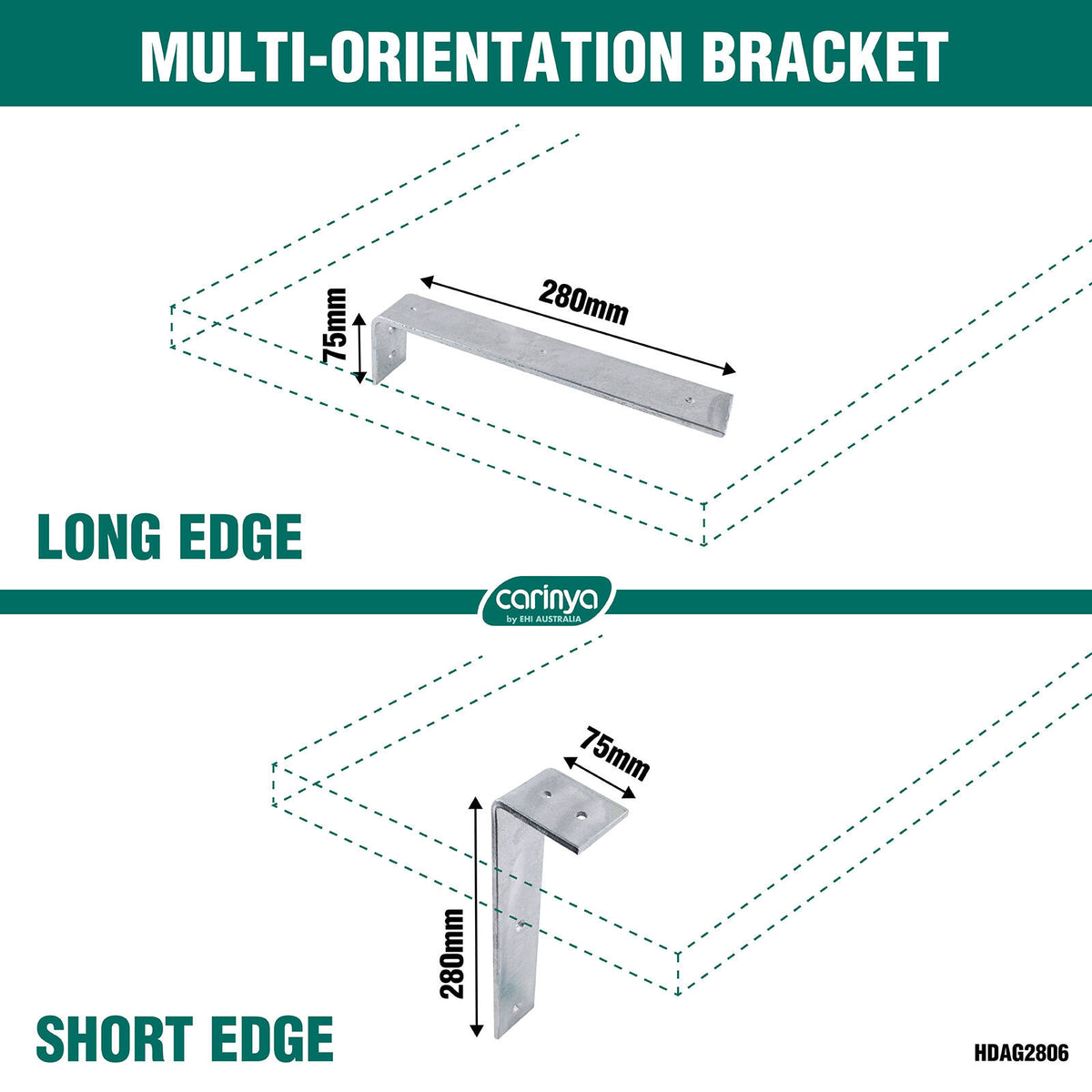 Carinya 280 x 75mm Galvanised Steel Heavy-Duty Multi-Orientation Angle Bracket, 75kg