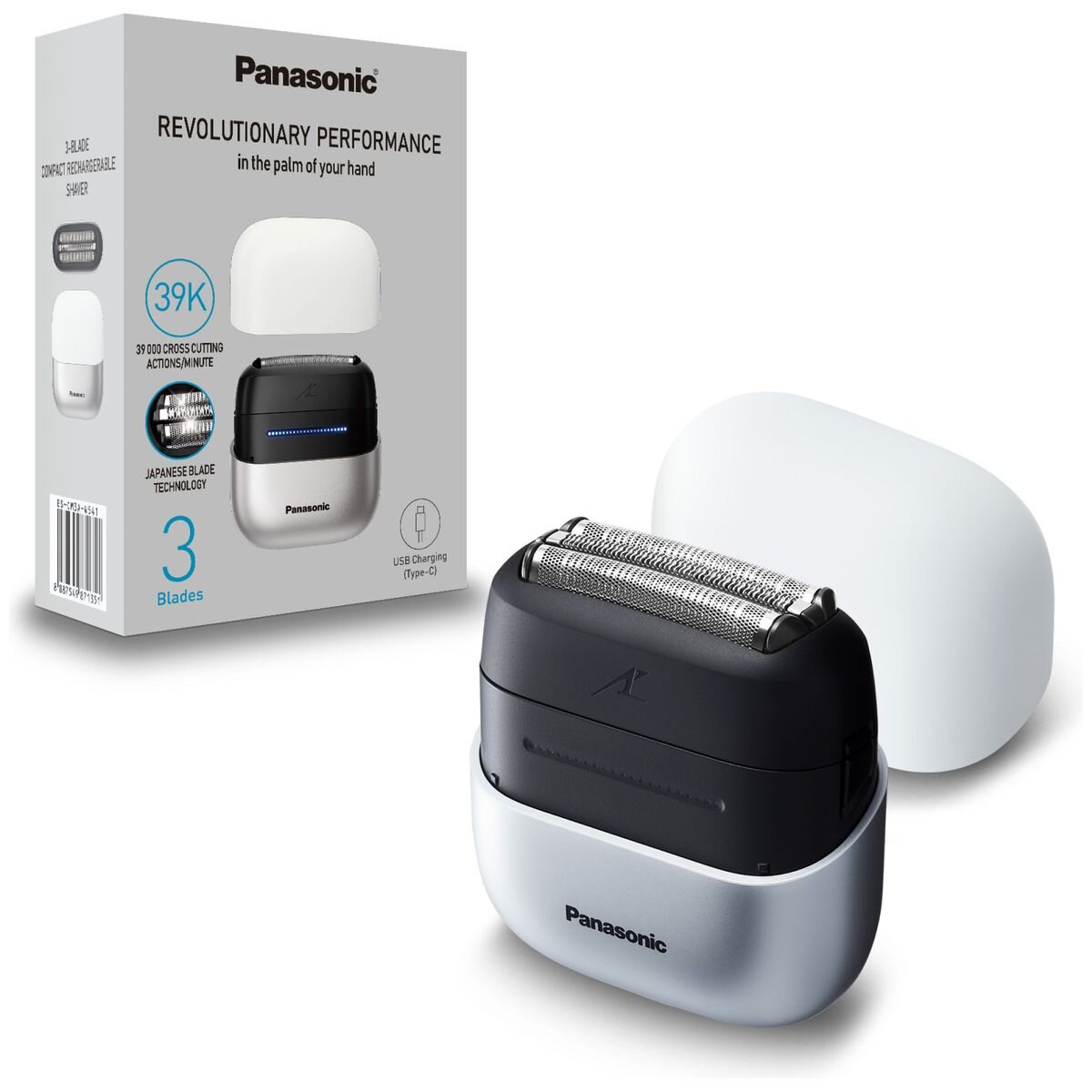 Panasonic Compact 3 Blade Electric Shaver - White - Wet and Dry IPX7, USB-C Charging - ES-CM3A-W541