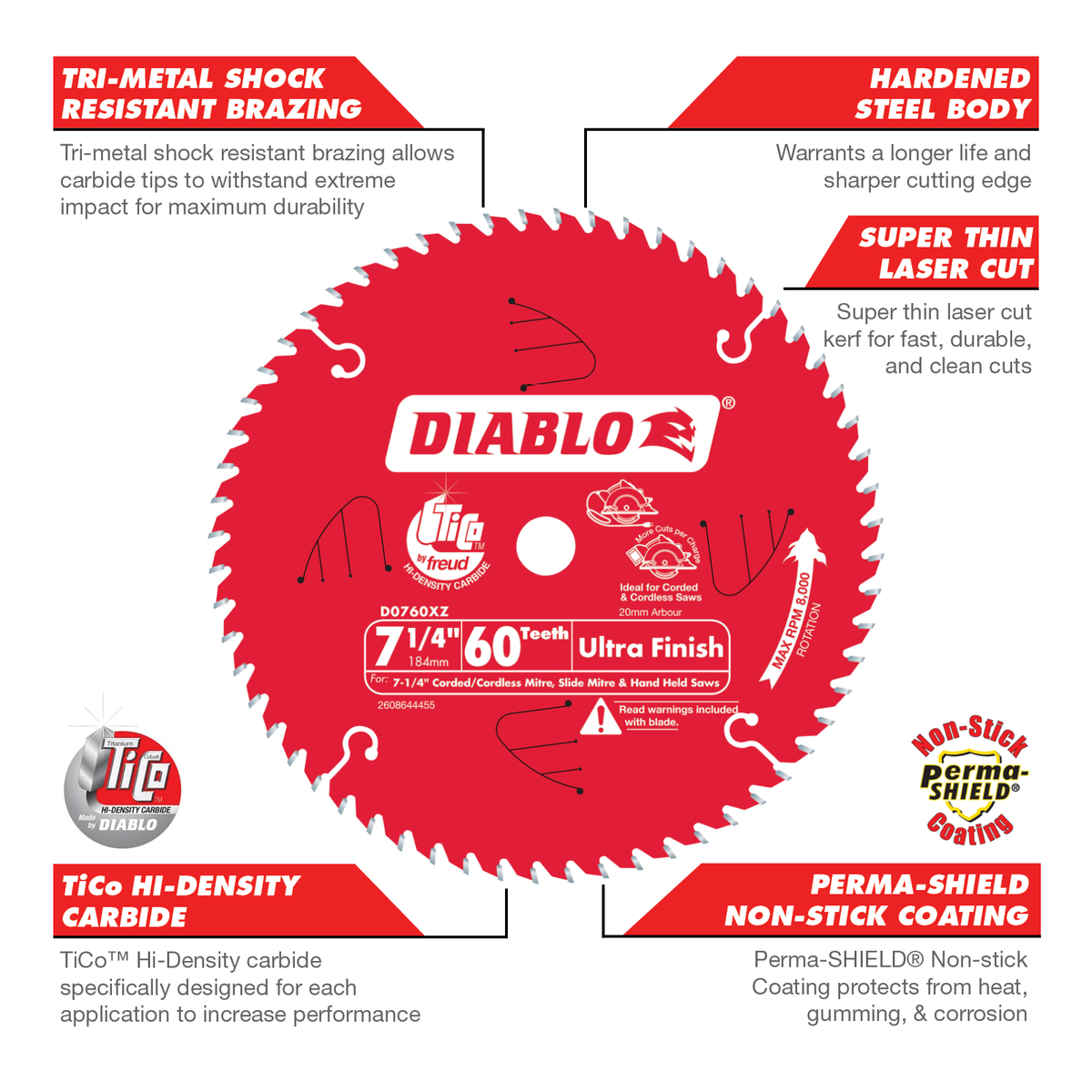 Diablo 184mm 60t Ultra Finish Circular Saw Blade - TiCo Carbide - Steel