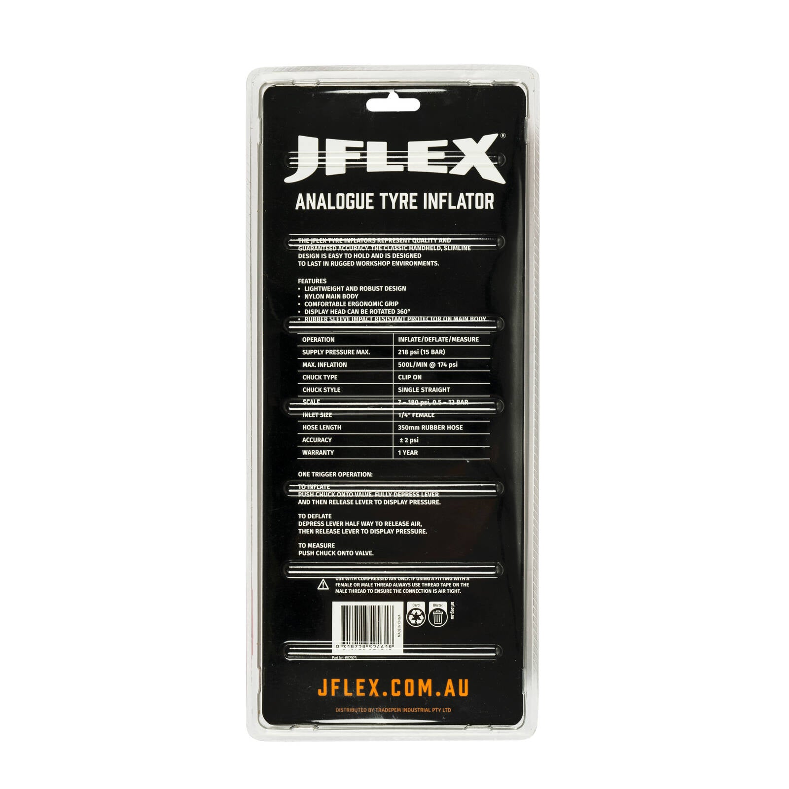 JFLEX Analogue Tyre Inflator, 3-in-1 Inflate Deflate Gauge, Nylon