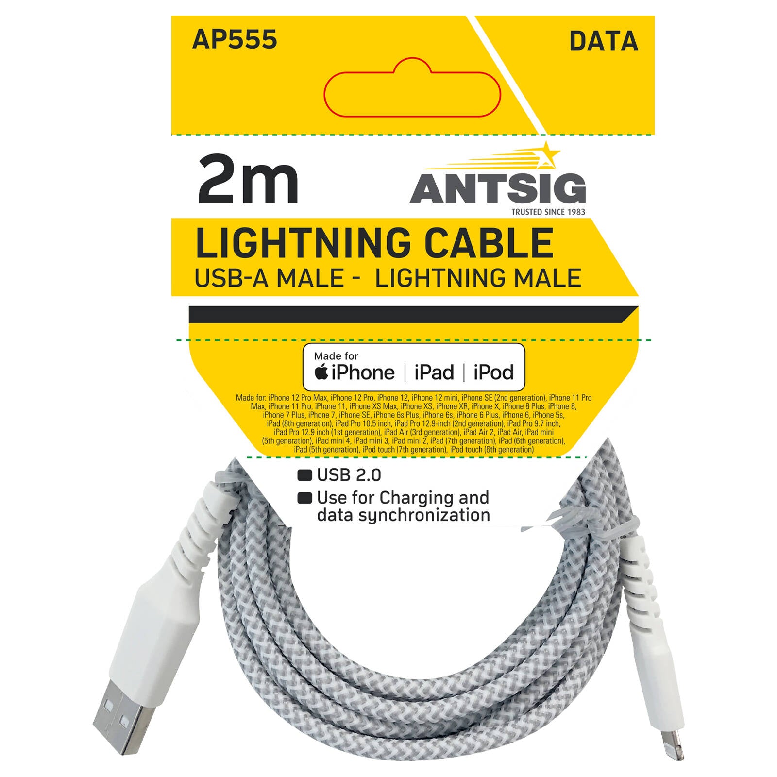 Antsig 2m Braided Lightning to USB-A Cable