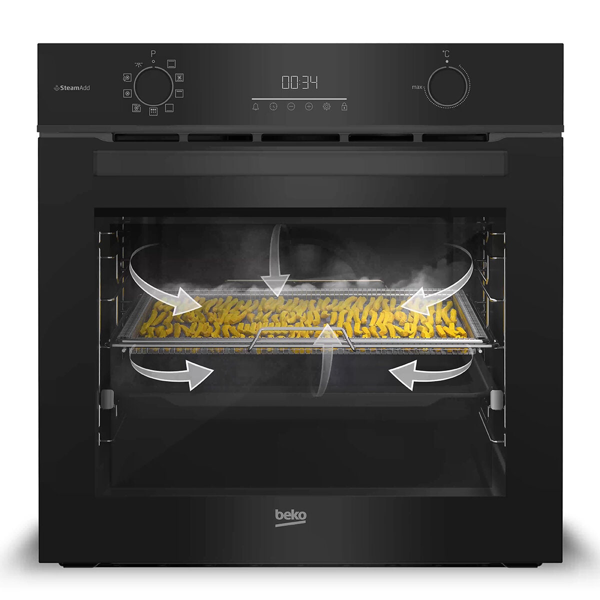 Beko 60cm Multifunction Built-In Oven - SteamAdd, Airfry, 8 Functions, Black Glass - BBO6851MDX