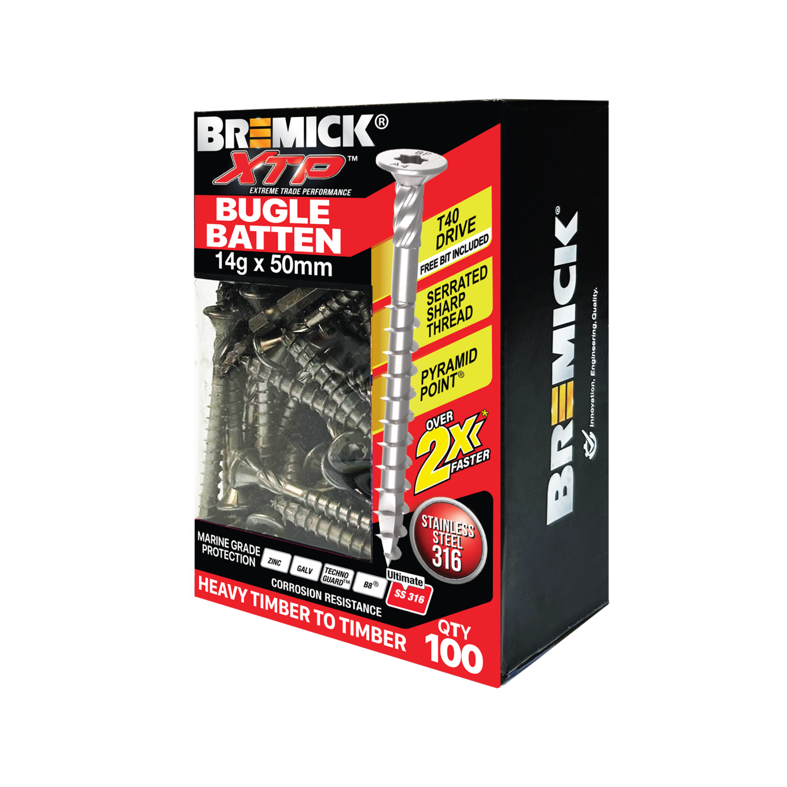 Bremick XTP 14g x 50mm Stainless Steel 316 T40 Bugle Batten Screws 100 Pack