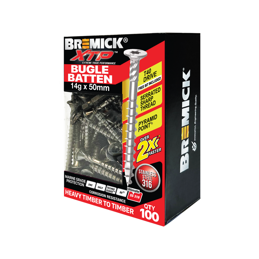 Bremick XTP 14g x 50mm Stainless Steel 316 T40 Bugle Batten Screws 100 Pack