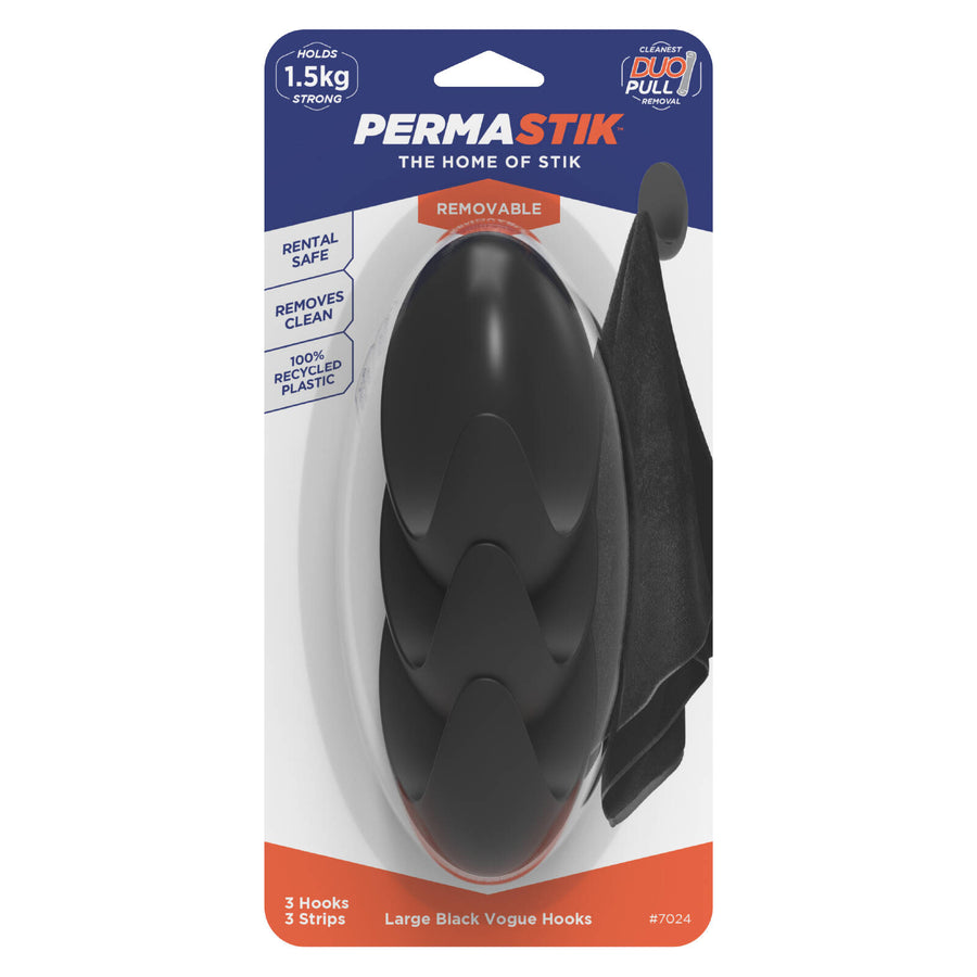 Permastik Large Black Vogue Hooks Self-Adhesive - 3 Pack
