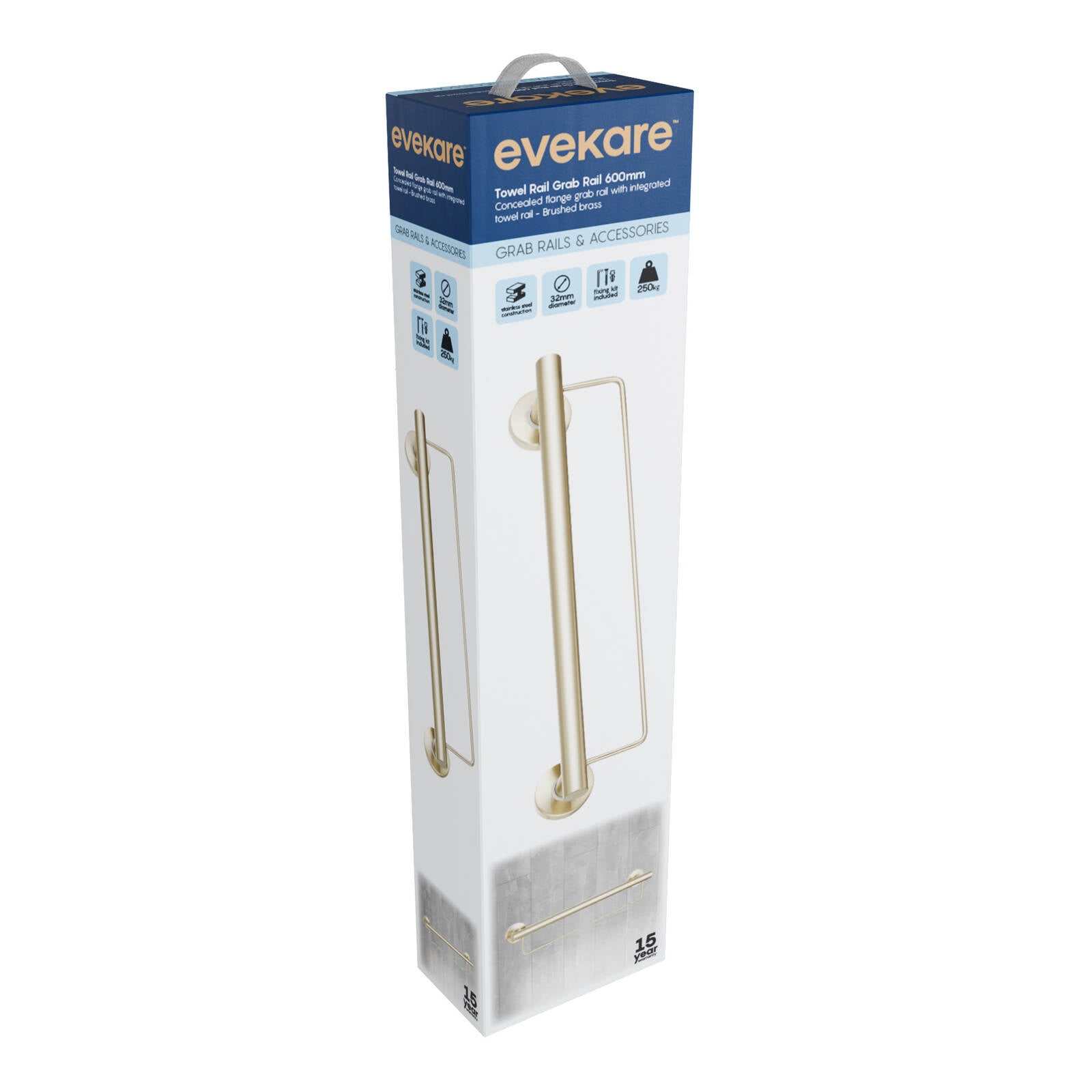 evekare 600mm Brushed Brass Towel Rail with Grab Rail Grade 304 Stainless Steel