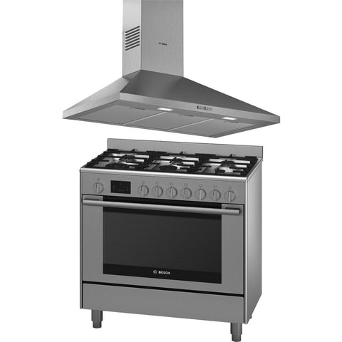 Bosch 90cm Dual Fuel Range Cooker and Canopy Rangehood Pack - 112L Oven, 6 Burners - HSB738357ADWP96BC50A