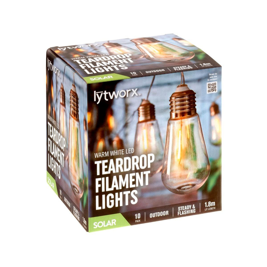 Lytworx Warm White Solar Teardrop Filament Lights 10 Pack - 1.8m Length - Indoor/Outdoor Use - SuperSaverAU - view 1