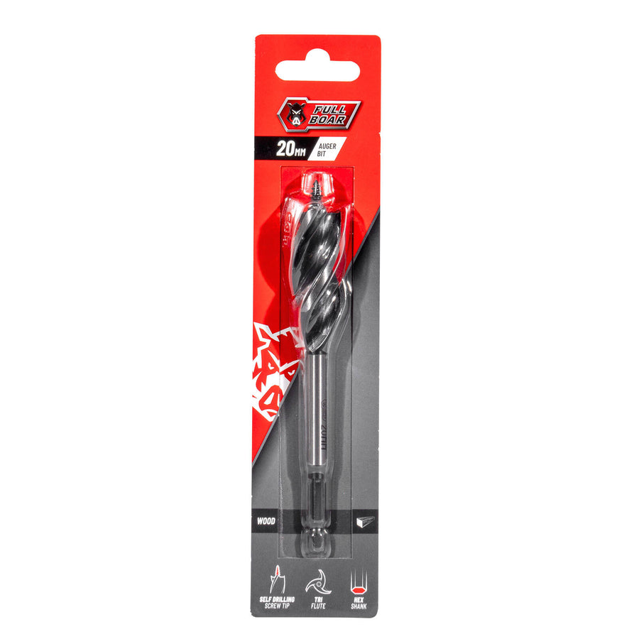 Full Boar 20mm Auger Bit, Steel, 1/4" Hex Shank for Wood Drilling