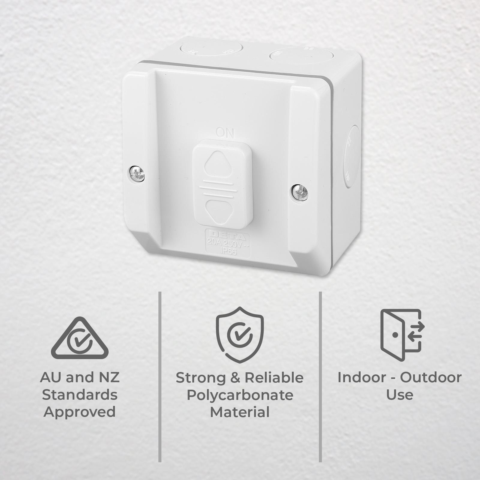 DETA Single Weatherproof Switch - Light Grey Polycarbonate Outdoor 20A 240V IP Rated