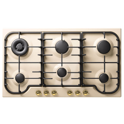 ILVE Nostalgie 86cm Gas Cooktop - Antique White Enamel, Six Burners, Brass Flame Spreaders - HCB906CNAWG