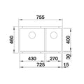 Blanco Subline 430/270 double bowl undermount sink - black Silgranit, covered C-overflow - 528009