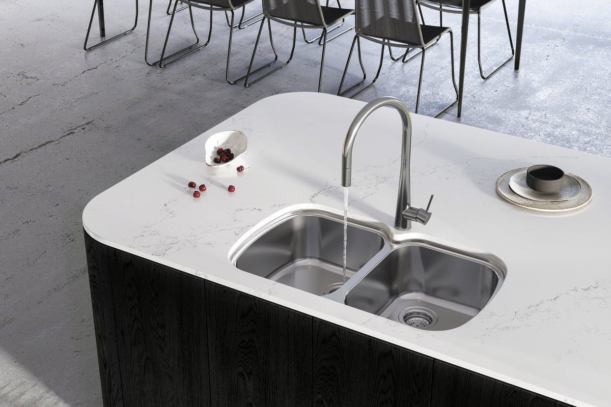 Oliveri Monet double bowl undermount sink - 304 grade polished stainless steel, D-shaped main bowl - MO70U