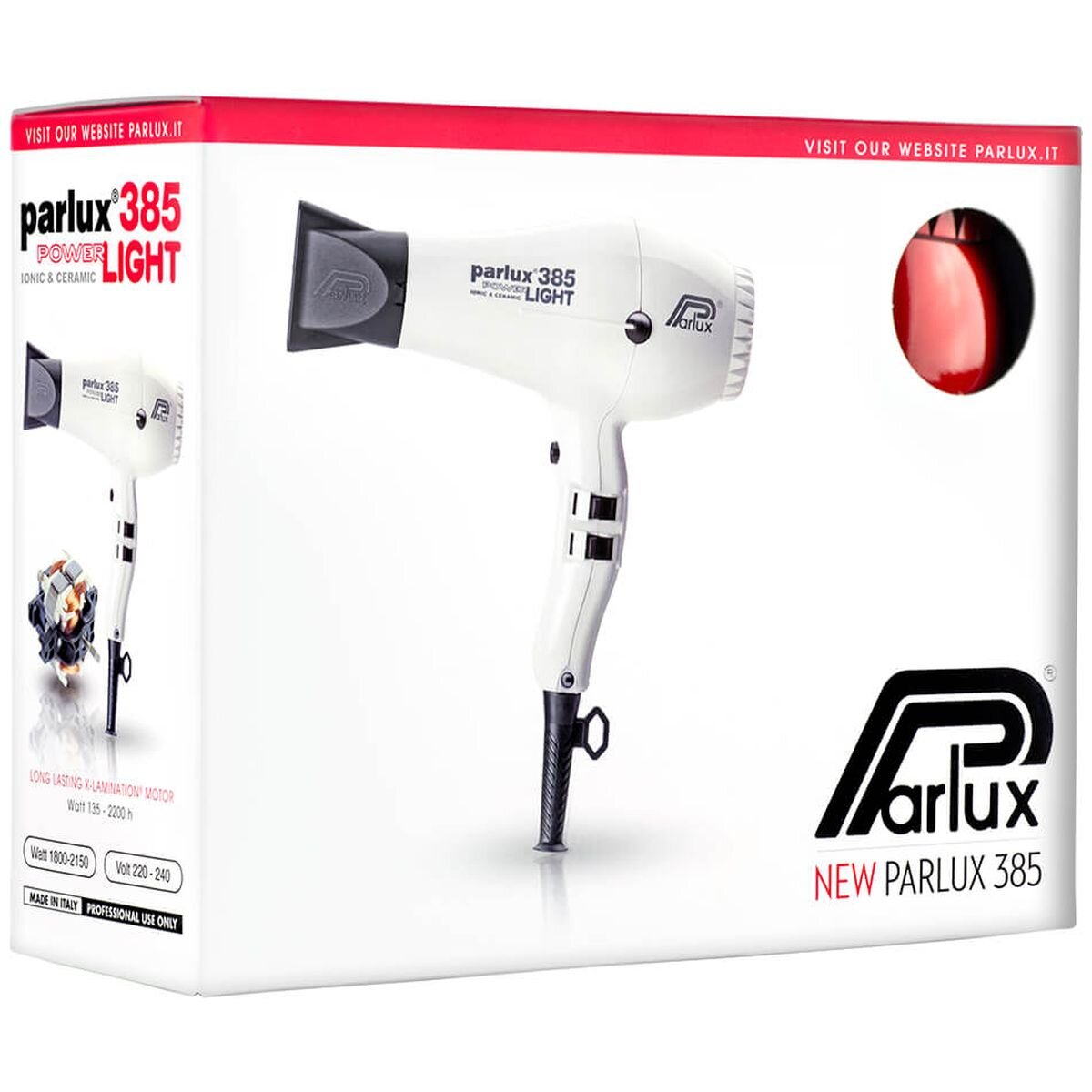 Parlux 385 Powerlight Ceramic and Ionic Hair Dryer 2150W - Red - Concentrated Airflow - 150079