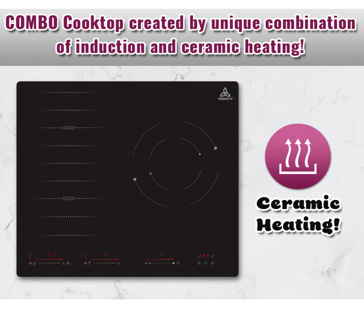 Trinity 60cm combo cooktop - 2 induction and 1 radiant zone, touch and slide controls - TRCI603
