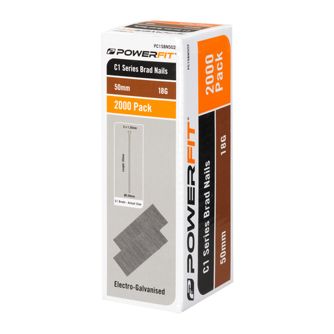 Powerfit 50mm C1 Series Electro Galvanised Brad Nails - 2000 Pack - 18 Gauge - Corrosion Resistant - SuperSaverAU - view 1