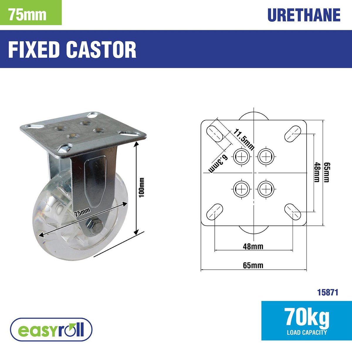 Easyroll 75mm Transparent Fixed Plate Castor Polyurethane 70kg Capacity - SuperSaverAU - view 4
