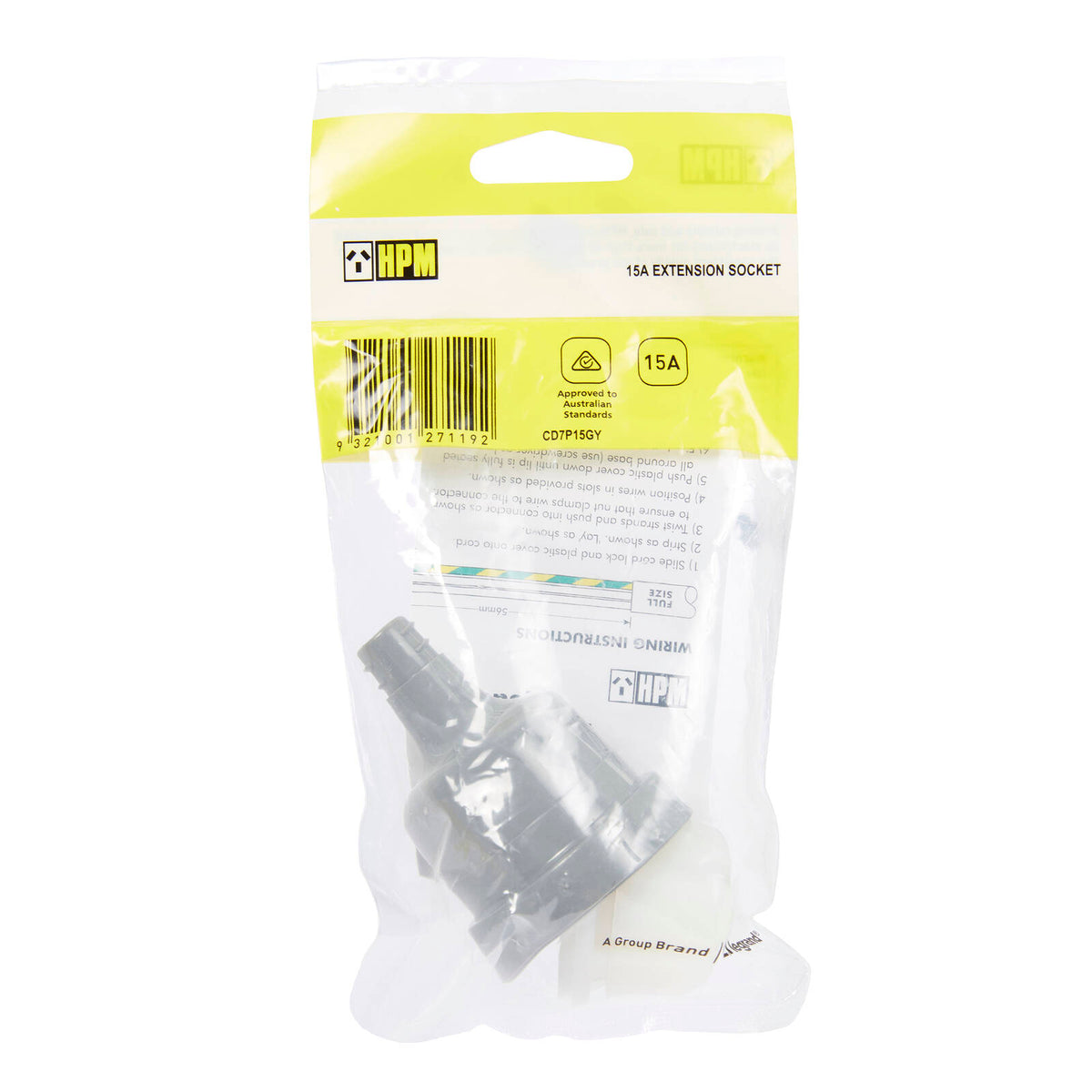 HPM 15A Grey Extension Cord Socket, PVC, 240V, Rear Cover, 1.5mm Cable