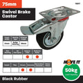Move It 75mm Black Rubber Swivel Plate Castor with Brake 50kg Capacity - SuperSaverAU - view 5