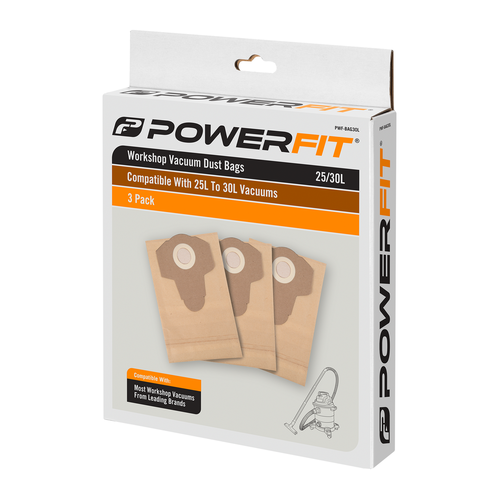 PowerFit 30L Paper Dust Bag, 3 Pack, Brown