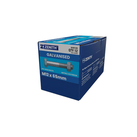 Zenith Hex Head Bolt - M12 x 65mm - Hot Dipped Galvanised - 12 Pack - SuperSaverAU - view 1