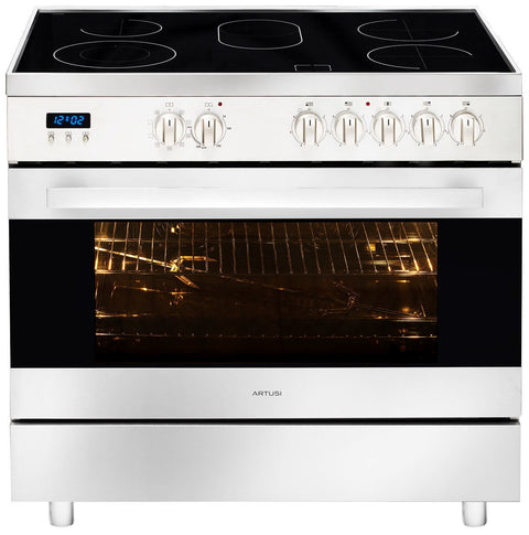 Artusi 90cm Electric Freestanding Oven - 104L, Stainless Steel, Ceramic Cooktop, Rotisserie - CAFC95X