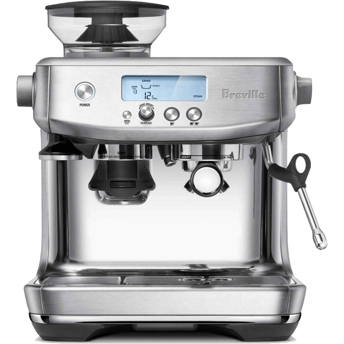 Breville Barista Pro Coffee Machine - 2L Water Tank, Integrated Grinder, Stainless Steel - BES878BSS