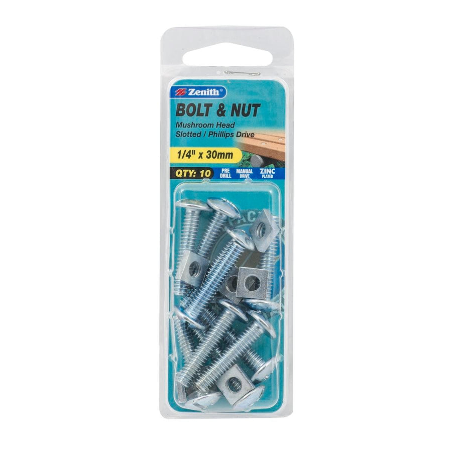Zenith Mushroom Head Bolt & Nut - 1/4 x 30mm - Zinc Plated - 10 Pack - SuperSaverAU - view 1