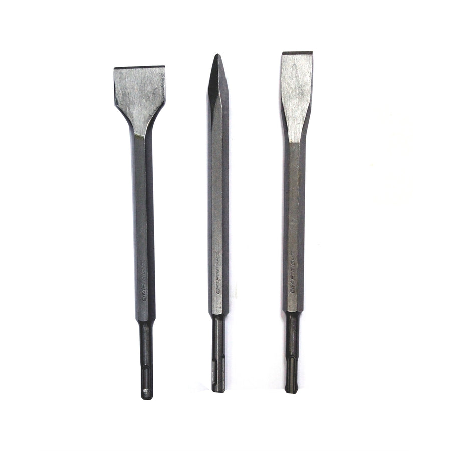 Craftright 3 Piece SDS Chisel Bit Set, Chrome Vanadium Steel, Pointed and Flat Chisels
