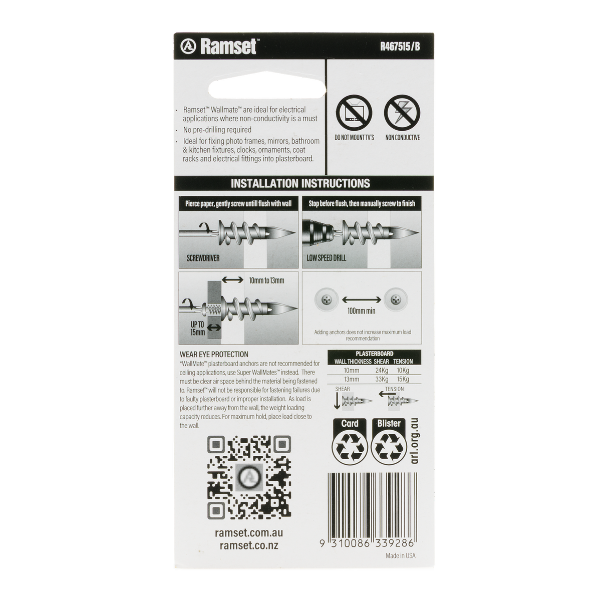 Ramset Nylon Wallmate Plasterboard Anchor with Screws 10 Pack - 43mm x 73mm - Quick Installation - SuperSaverAU - view 2