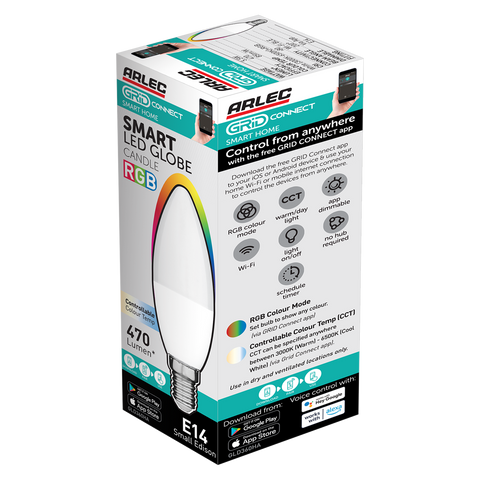Arlec E14 LED 470lm 5.5W CCT Grid Connect Smart Candle Globe 4 Pack (GLD360HA)