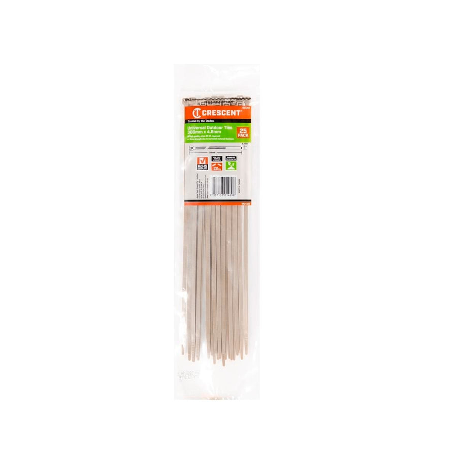 Crescent Outdoor Universal Cable Ties - 300 x 4.8mm - Beige - 25 Pack - Nylon - SuperSaverAU - view 1