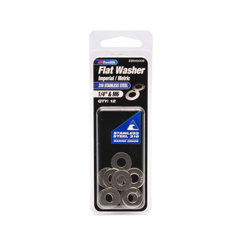 Zenith Flat Washer - 1/4 & M6 - 316 Stainless Steel - Corrosion Resistant - 12 Pack - SuperSaverAU - view 1