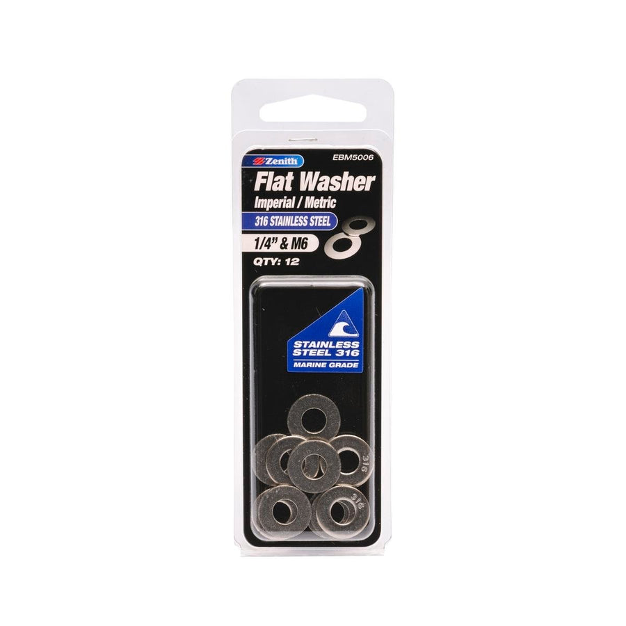 Zenith Flat Washer - 1/4 & M6 - 316 Stainless Steel - Corrosion Resistant - 12 Pack - SuperSaverAU - view 1