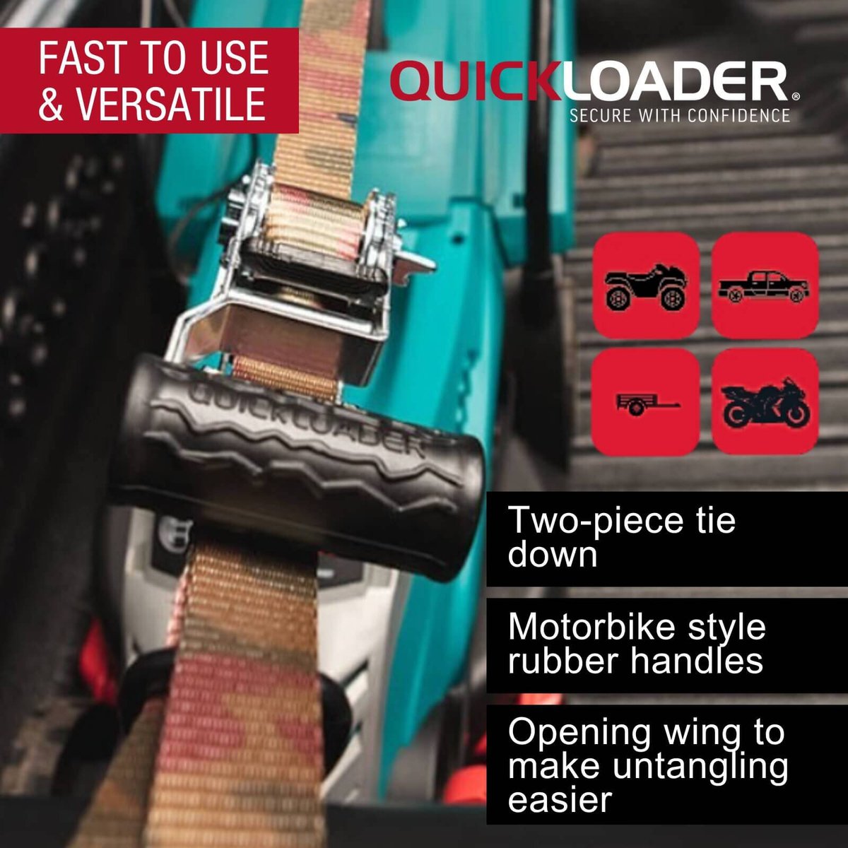 Quickloader Rebel Ratchet Strap 25mm x 4m - 400kg Lashing Capacity - 2 Pack - Orange - SuperSaverAU - view 3
