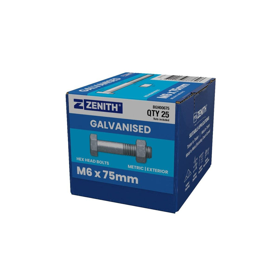 Zenith Hot Dip Galvanised Hex Head Bolts M6 x 75mm 25 Pack Durable - SuperSaverAU - view 1