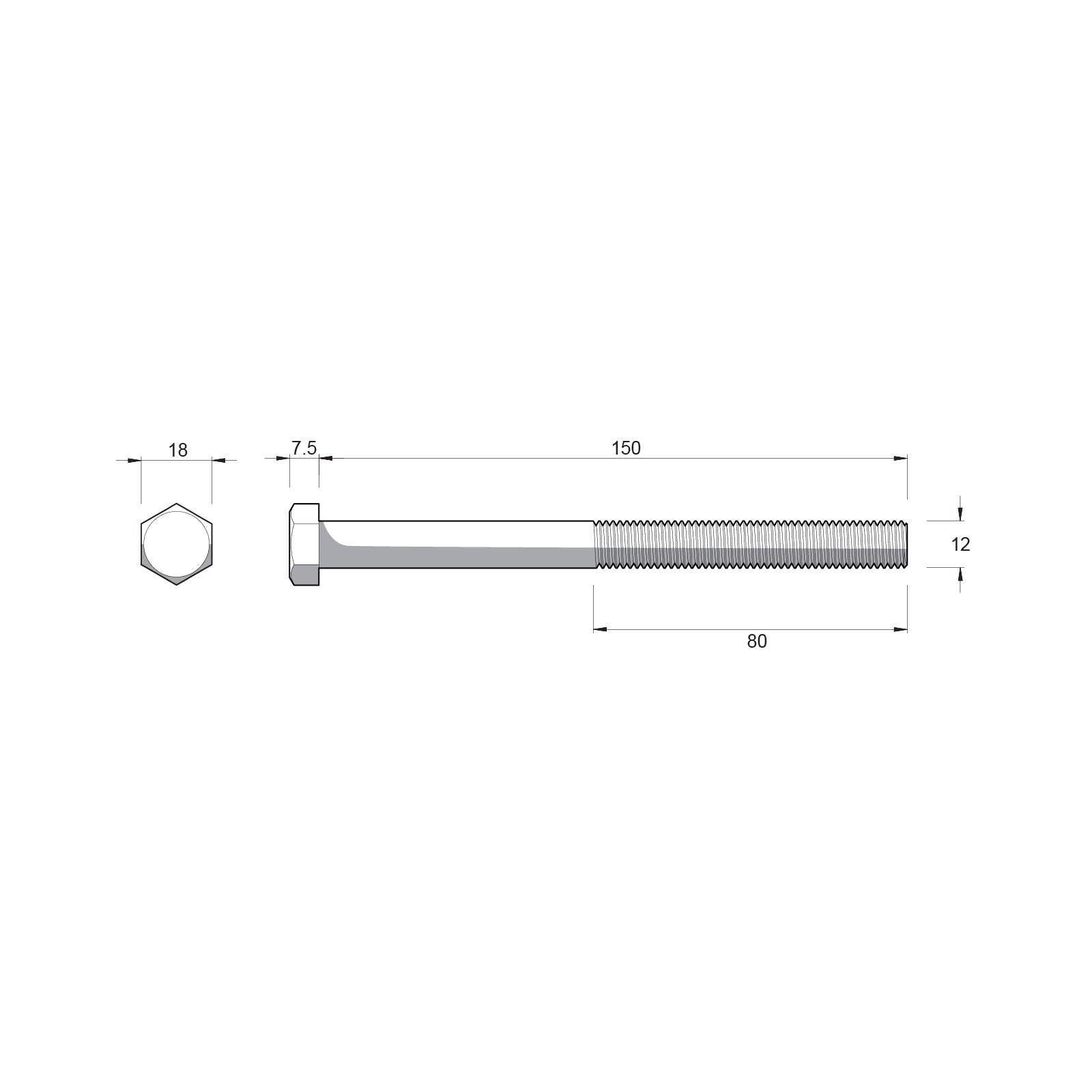 Zenith M12 x 150mm Hot Dip Galvanised Hex Head Bolt and Nut - 4.6 Grade Steel