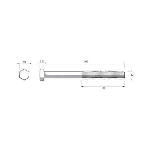 Zenith M12 x 150mm Hot Dip Galvanised Hex Head Bolt and Nut - 4.6 Grade Steel